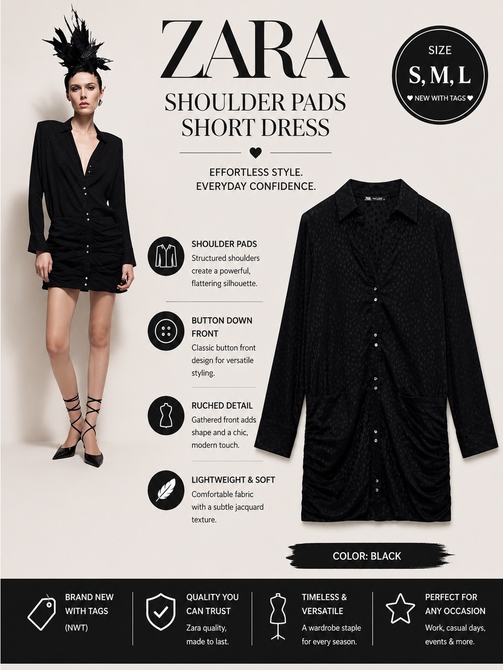 ZARA Black Shoulder Pad Mini Shirt Dress NWT Sizes S M L Ruched Button Front